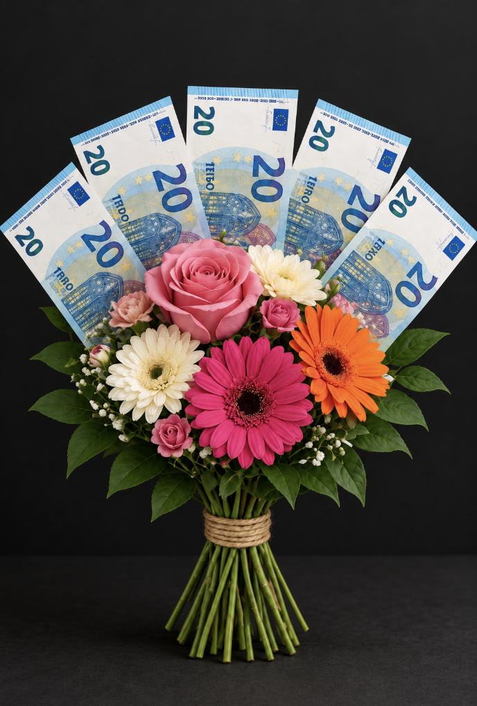 Blumenstrauß mit mehreren 20-Euro-Scheinen im Hintergrund.